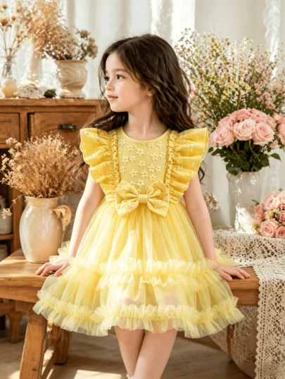 Đầm công chúa không tay cho bé gái, váy xòe bồng bềnh bằng vải lưới jacquard dễ thương với nơ và viền bèo nhún, thích hợp cho mặc hàng ngày, đi chơi, mua sắm, nghỉ mát.