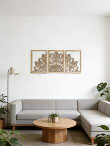 3pcs Mandala Style Wooden Wall Decor, Floral Carved Wall Art, Minimalist Natural Home Decoration, Geometric Hollow Design, Elegant Modern Wall Hanging Decor, Suitable For Living Room, Bedroom, Office, Hallway And Other Spaces, Aesthetic Bohemian Style Wall Art - Floral Style - View 9