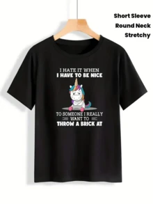 A Colorful Unicorn Expresses Ironic Humor, Displaying A Playful Attitude And A Sarcastic Message About Staying Calm In The Face Of Annoying People. Women's Round Neck Short Sleeve Comfortable Casual T-Shirts - 黑色 - 查看 1