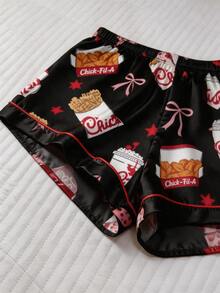 Mother's Day Gift For Mom Cute Fast Food Print Pajama Set, Short Sleeve Button Up Shirt And Elastic Waist Shorts, Soft Comfortable Loungewear Sleepwea - 黑色 - 查看 5