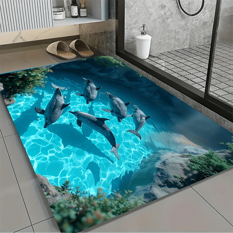 1pc Dolphin Bay Ocean Theme Bathroom Mat, Suitable For Indoor And Outdoor Use | Carpet, Room Decor, Floor Mat, Bedroom Rug, Kitchen Mat, Home Decor, Door Mat, Bathroom Mat, Holiday Home Decor, Also A Perfect Gift For Dolphin Lovers - Multicolor - View 1