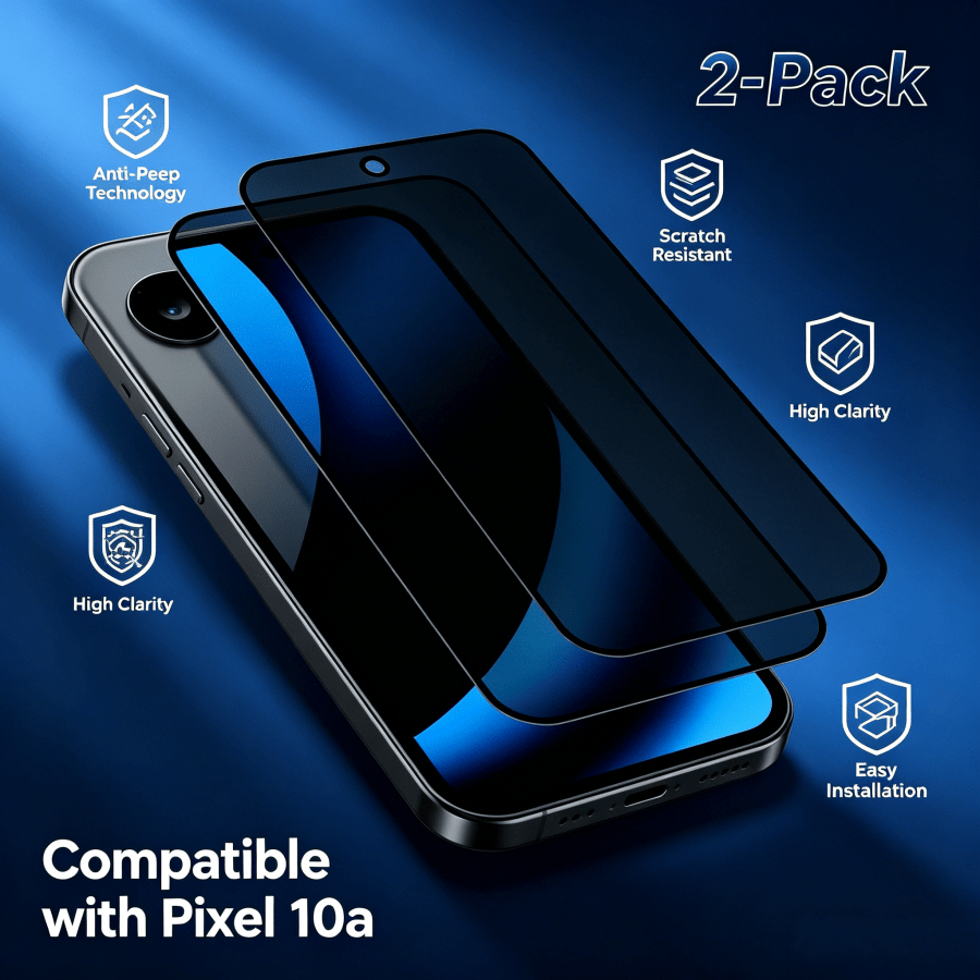 2片装：这款黑色边框防窥保护膜兼容谷歌手机，包括 6a、Pixel 7a、Pixel 7、Pixel 8a、Pixel 8、Pixel 8 Pro、Pixel 9、Pixel 9 Pro、Pixel 9 Pro XL、Pixel 10、Pixel 10 Pro、Pixel 10 Pro XL 和 Pixel 10a。它是一款钢化玻璃膜，也称为玻璃膜、黑色边框防窥膜、手机保护膜，可全覆盖，支持指纹解锁，表面光滑，无遮挡，无尖锐边缘。 - 黑色 - 查看 12