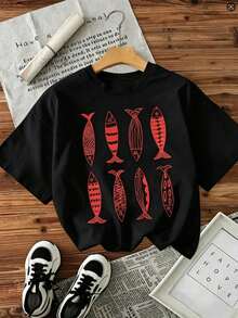 Women's Casual T-Shirt - Unique Fish Print Design, Short Sleeves And Round Neck, Lightweight And Breathable, Suitable For Spring And Summer, White With Red Fish Pattern-Unisex Summer Casual Vintage Cotton Printed T-Shirts For Couples - 黑色 - 查看 13
