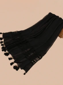 1pc Women's Solid Color Lace Tassel Long Scarf, Versatile Shawl - A-black - View 6