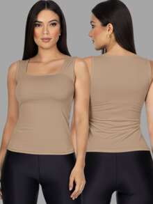 Set Of 3 Women's Tank Tops, Square Neck, Premium Supplex Fabric, Double Lining, Basic Blouse - 白色 - 棕色 - 裸色 - 查看 4