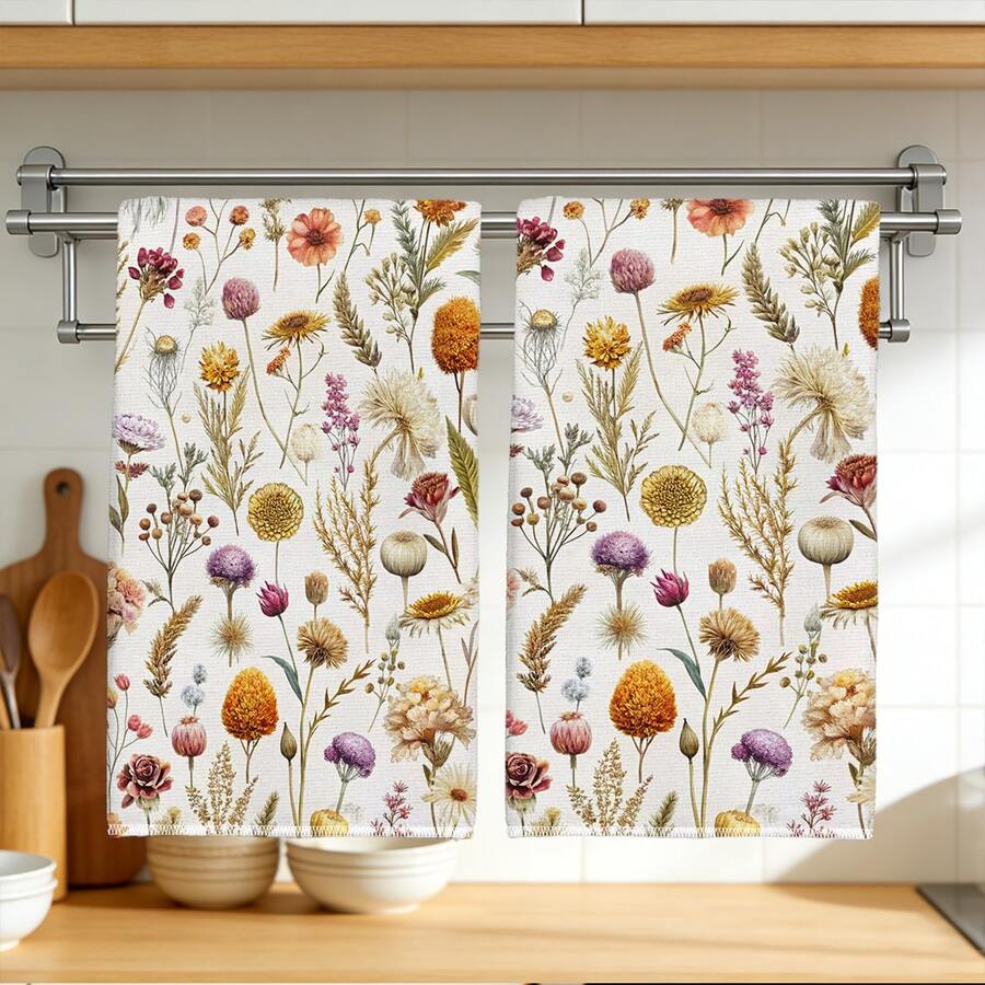 2pcs Vintage Floral Pattern Kitchen Towels, Soft Polyester Material Dish Cloths, Suitable For Kitchen Decor, Cleaning, Holiday Party Decoration, Kitchen & Bathroom Essentials, Home Decor, Housewarming Gift - Multicolor - View 1