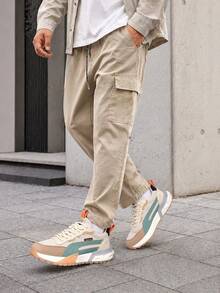 Men Colorblock Chunky Sneakers, Retro Lace-Up Casual Sports Shoes For Campus, Walking & Daily Wear - Beige - View 2