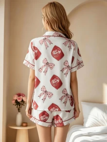 2pcs Women Bowknot Print Pajama Set, Short Sleeve Button Up Shirt And Elastic Waist Shorts, Cute Soft Comfortable Loungewear Sleepwear - Short/White - View 3