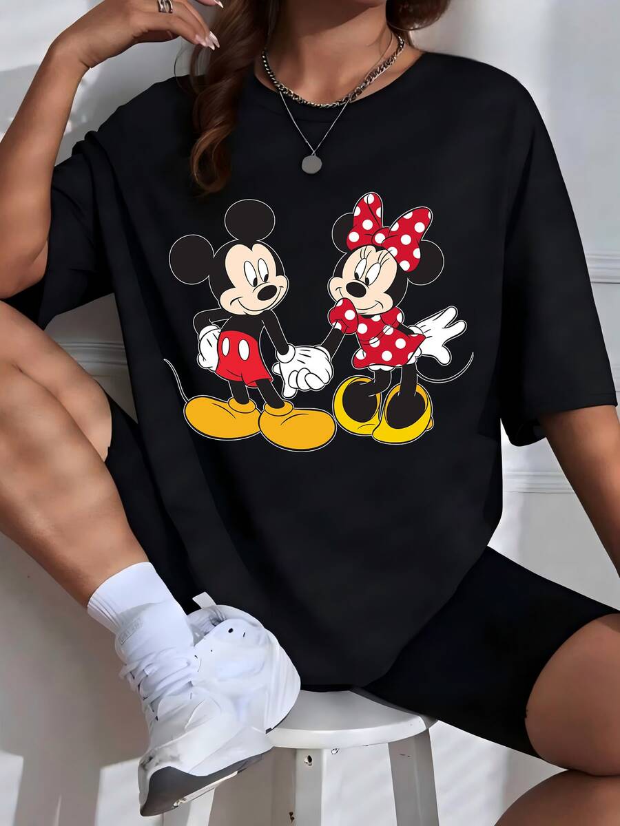 Disney 夏季新款卡通印花圆领短袖T恤裙,略带弹性,不透明,易打理面料,适合日常穿着,时尚女式T恤裙,休闲装扮 - 黑色 - 查看 1