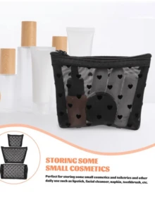 Sac cosmétique en maille noire avec imprimé cœur, organisateur de toilette de voyage transparent avec fermeture éclair, sac à maquillage portable de tailles multiples pour les voyages, le camping, le rangement des cosmétiques et des articles de toilette - Noir - Voir 5