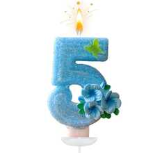 创意畅销0-9数字字母生日蜡烛，手工DIY生日蛋糕，节日主题派对装饰蜡烛，浅蓝色、绿色蝴蝶花、桃花、闪光、彩色绘画，优雅，婚礼，生日庆祝，周年纪念派对蜡烛 - 淺藍色三花拼蝴蝶 - 查看 7