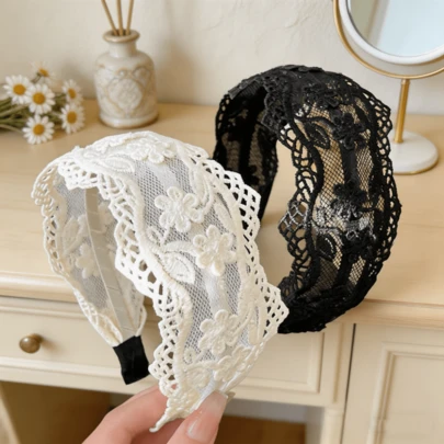 Vintage Lace Floral Embroidery, Retro Elegant Style Wide Edge Broken Hair Control, Soft Breathable Fabric Comfortable Non-Slip, All-Match Daily Party Hair Hoops