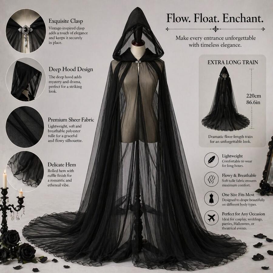 Long Hooded Tulle Cloak, Halloween Ghost Reaper Witch Cosplay Costume, Full Length Cape For Stage Performance & Party Dress Up - 黑色 - 查看 1