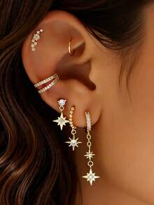 6pcs Elegant Cubic Zirconia Octagram Chain Earrings Set, Suitable For Women's Daily, Date, Music Festival, Party Layering - Yellow Gold - View 1