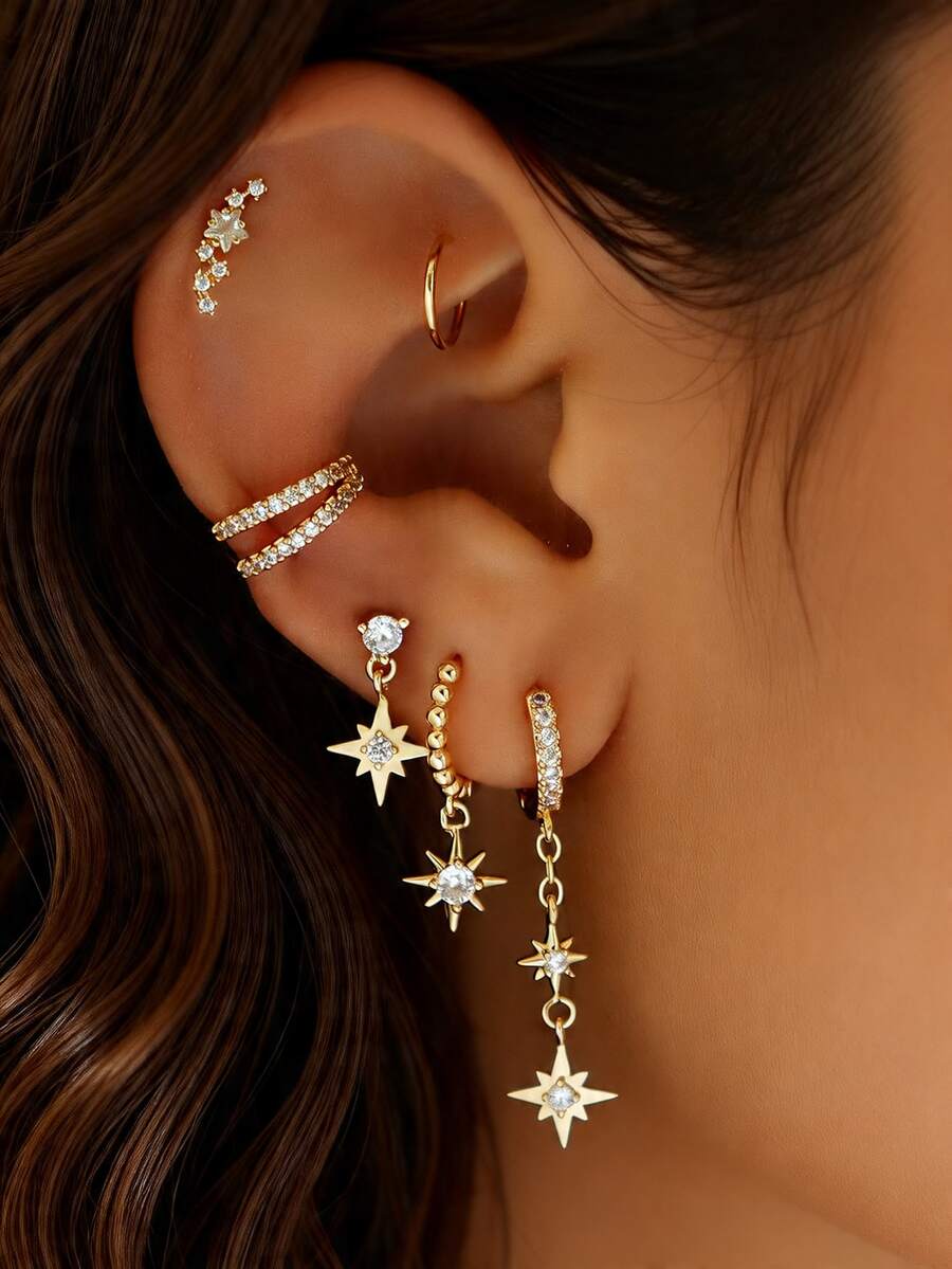 6pcs Elegant Cubic Zirconia Octagram Chain Earrings Set, Suitable For Women's Daily, Date, Music Festival, Party Layering - Yellow Gold - View 1