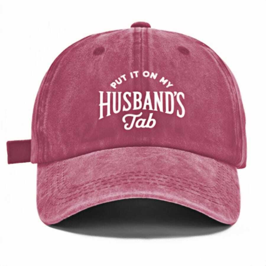 Funny Printed Baseball Cap - "PUT IT ON MY HUSBAND'S TAB" Washable Dad Hat, Soft & Comfortable Outdoor Casual Hat For Men, Beige With White Text, Perfect For Casual Attire Or Vacation, Nonelastic Fabric - 酒紅色1 - 查看 1