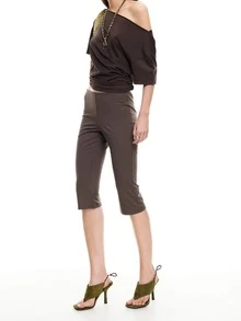 Women's Capri Leggings Elastic Waist Low Rise Classic Dot Print/Solid Color Slim Fit Stretch Cropped Pants - Coffee Brown - View 3