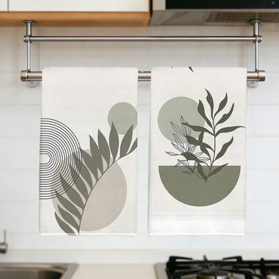 2 piezas Paños de cocina con diseño de líneas geométricas abstractas y hojas minimalistas, de material de poliéster suave, adecuados para decoración de cocina, limpieza, decoración de fiestas, artículos esenciales de cocina y baño, decoración del hogar, regalo de inauguración de casa