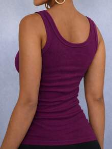 Women's Ribbed Tank Top With Square Neckline, U-Shaped Wide Straps, Premium Comfortable Ribbed Knit - Purple - View 5