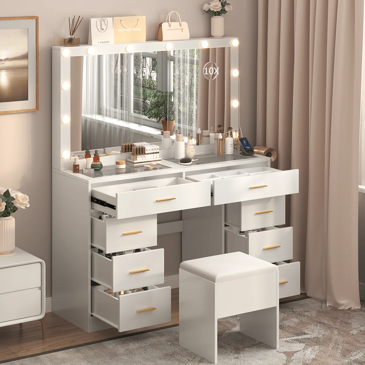 Vanity Table With Mirror And Storage Stool, 113 X 40 X 140 Cm, 12 Adjustable Light Bulbs (3 Colors), With 8 Drawers And Socket, 10X Magnifying Mirror - 查看 1