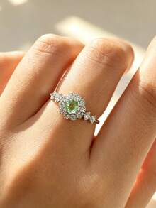 1pc S925 Sterling Silver Synthetic Pale Green Zirconia Ring, Bohemian Elegant Everyday & Party Wear Jewelry For Women - Silver - View 11
