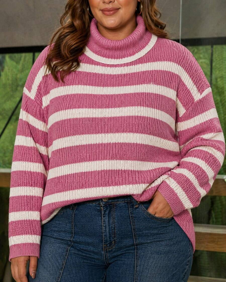 Women's Plus Size High Neck Long Sleeve Blouse, Elegant, Casual, Basic, Winter, Cold Weather, Thermal Knit - Hồng/Tắt - Xem 1
