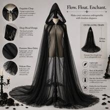 Long Hooded Tulle Cloak, Halloween Ghost Reaper Witch Cosplay Costume, Full Length Cape For Stage Performance & Party Dress Up - 黑色 - 查看 6