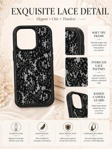1 pieza de Funda de teléfono con encaje compatible con todos los modelos, estilo de lujo para dama, de TPU suave, con patrón floral blanco vintage, ligera y antideslizante - Multicolor - Ver 4