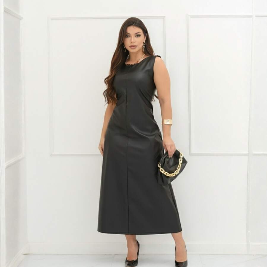 Women's Longuette Leather Loose Tank Dress - 黑色 - 查看 1