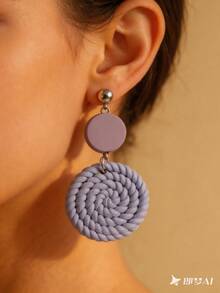 1 Pair Taro Purple Woven Texture Soft Clay Earrings, Double-Layer Circular Disc Elegant Earrings, Niche Design, French Gentle Style, Versatile For Daily Commute, Workplace, Spring Outing, Gathering With Friends, Date Night, Minimalist Chic Style, Student Campus Daily Outfit - Lilac Purple - View 6