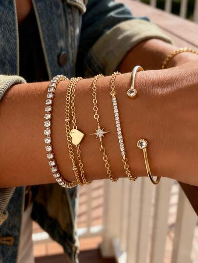 Set de 5 piezas de pulseras elegantes de múltiples capas con cadena de diamantes, incluyendo pulsera tipo tenis, corazón, estrella y brazalete abierto, joyas apilables como regalo elegante