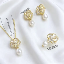 3件套山茶花耳环、项链和戒指首饰套装，珠光闪耀，优雅经典，适合婚礼、派对、约会、宴会、生日、节日和送礼场合。 - 彩色 - 查看 4