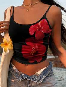 Áo tank top hai dây họa tiết hoa nhí dành cho nữ, kiểu dáng Y2K, dây mảnh, dáng ngắn, thích hợp cho kỳ nghỉ hè. - màu đen - Xem 2