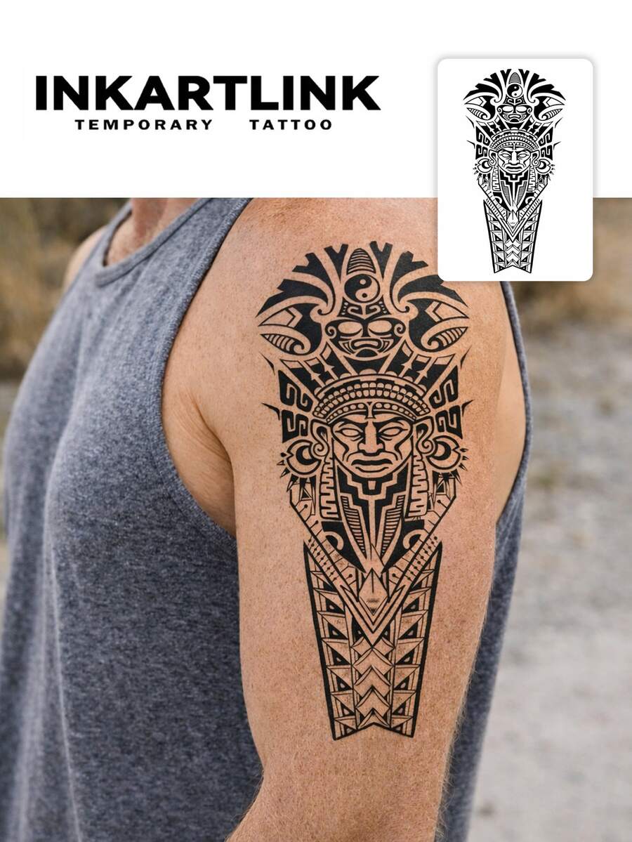 INKARTLINK 2pcs Mayan Style Symbolic Idol Decorative Temporary Tattoos, Waterproof Body Art Tattoos, Long-Lasting 1-2 Weeks, Suitable For Both Men And Women, Essential For Trendsetters And Parties - Black - View 1