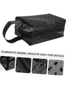 Sac cosmétique en maille noire avec imprimé cœur, organisateur de toilette de voyage transparent avec fermeture éclair, sac à maquillage portable de tailles multiples pour les voyages, le camping, le rangement des cosmétiques et des articles de toilette - Noir - Voir 10