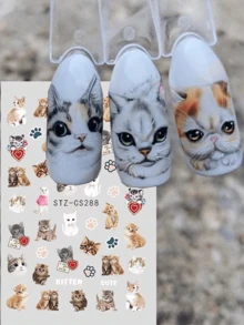 2片装星形可爱猫爪印卡通美甲贴纸，可爱兔耳猫咪动物美甲贴花 DIY美甲用品饰品装饰 日式风格 - 彩色 - 查看 7