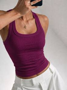 Women's Ribbed Tank Top With Square Neckline, U-Shaped Wide Straps, Premium Comfortable Ribbed Knit - Purple - View 2