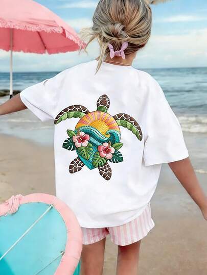 1pc Girls' Casual Tropical Ocean Turtle Print Round Neck Short Sleeve T-Shirt, Children's Breathable Loose Beach Vacation Versatile Comfortable Everyday Tee