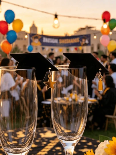 1/5pcs Graduation Cap Decor Glass Cup Rim Decorations, Graduation Party Decorations, Black Cap With Star Tassel Hanging Plate, Drink Identifier, Elegant Graduation Celebration Desktop Decor, University College Graduation Banquet Table Decor, Reusable Celebration Event Decorations, Friends & Family Gathering, Graduation Ceremony Party Supplies