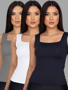 Set Of 3 Women's Tank Tops, Square Neck, Premium Supplex Fabric, Double Lining, Basic Blouse - 黑-白-灰 - 查看 1