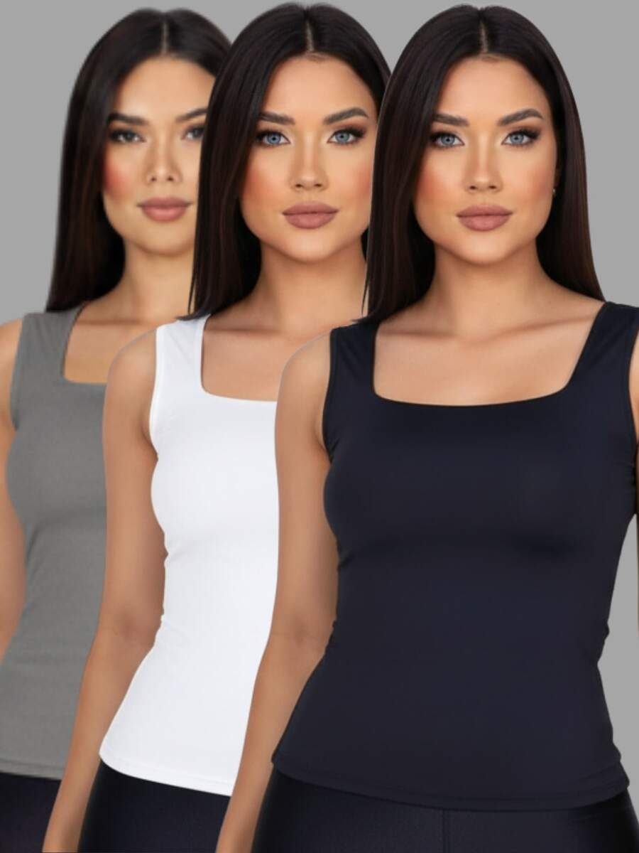 Set Of 3 Women's Tank Tops, Square Neck, Premium Supplex Fabric, Double Lining, Basic Blouse - 黑-白-灰 - 查看 1
