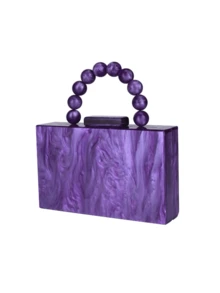 Milky Way Purple Marble Acrylic Box Clutch Bag With Beaded Handle & Gold Chain, Perfect For Wedding/Party - 紫色 - 查看 5