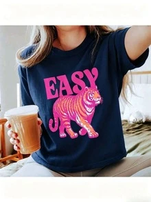 Easy Tiger Shirt, Di Tiger Boxy , Vintage Tigers Crop Top, Easy Tiger , Retro Tiger , Easy Tiger T-Shirtcotton220g High-Quality Pure Vintage Cotton T-Shirt Summer Outfits For Women Graphic Tees With Minimalist Printing, Soft And Breathable Fabric, Comfortable And Loose, Suitable For All Day Wear, Suitable For Office Casual Wear, Spring And Summer Daily Appearance, Elegant And Youthful Design-Unisex Summer Casual Vintage Cotton Printed T-Shirts For Couples - 藏蓝色 - 查看 12