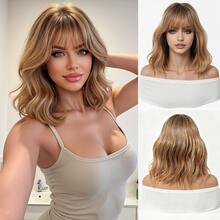 14 Inch Honey Brown Ombre Wavy Bob Wig With Bangs, Synthetic Heat Resistant Medium Length Hair Wig, Natural Looking Daily Wear For Women - Brown - View 10