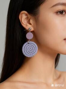 1 Pair Taro Purple Woven Texture Soft Clay Earrings, Double-Layer Circular Disc Elegant Earrings, Niche Design, French Gentle Style, Versatile For Daily Commute, Workplace, Spring Outing, Gathering With Friends, Date Night, Minimalist Chic Style, Student Campus Daily Outfit - Lilac Purple - View 8
