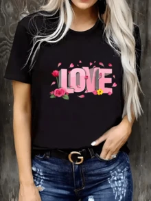 Camiseta casual corta Sve de las mujeres con diseño bordado de amor y corazón floral - cuello redondo de ajuste relajado, estiramiento medio, comodidad de toda la temporada, lavado de manos solo, moda de Año Nuevo 2025, camiseta de señoras, suéter cómodo, tela de estiramiento medio - Negro - Ver 2