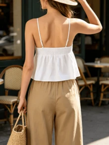 Women's Y2k Cute Tank Tops Solid Color Ruched Square Neck Sleeveless Beaded Spaghetti Strap Backless Loose Crop Cami Tops For Going Out Vacation Tops - White - View 9