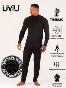 UV4U 50 Men's Thermal Top + Thermal Pants Set Flannel Second Skin Cold Winter Travel Snow Biker Comfortable - màu đen - Xem 1