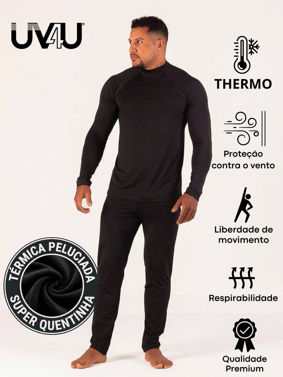 UV4U 50 Men's Thermal Top + Thermal Pants Set Flannel Second Skin Cold Winter Travel Snow Biker Comfortable - màu đen - Xem 1