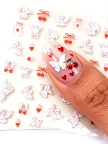 1pc Cute Angel Nail Stickers, Delicate Bow & Heart Nail Decals, Cartoon Theme, Glitter Surface, Odorless, Suitable For Women DIY Or Nail Salon - Multicolor - View 1